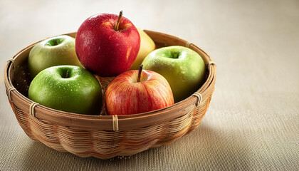 a wooden basket of red apples and green apples