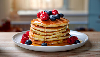 a stack of pancakes with the topping of raspberries and blueberries with sugar syrup