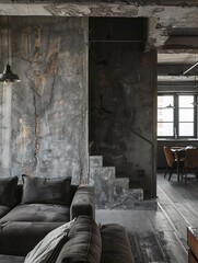Unadorned, gray-toned interior space with a coarse finish.