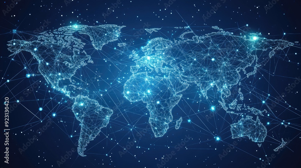 Poster vector illustration of an abstract world map with global data connections and network links. modern 