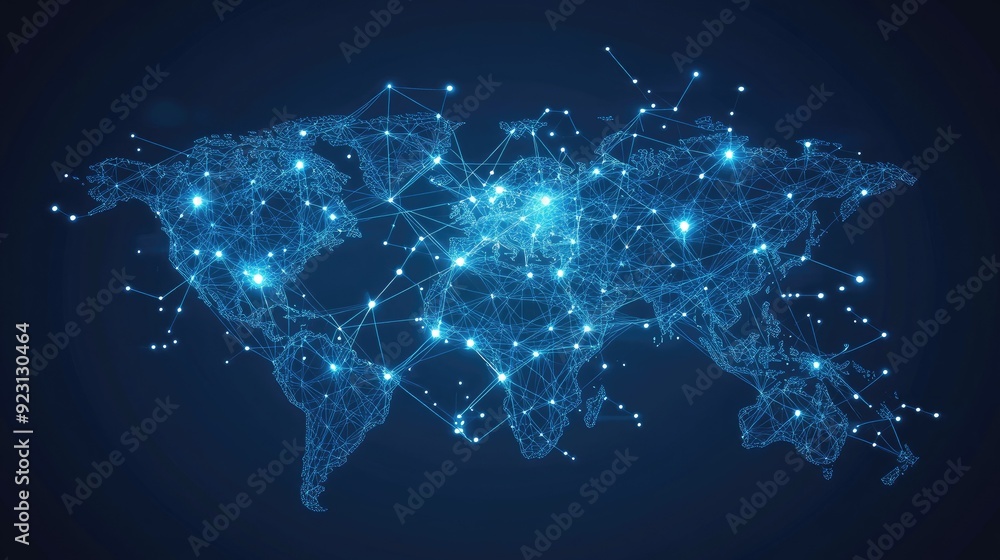 Poster vector illustration of an abstract world map with global data connections and network links. modern 