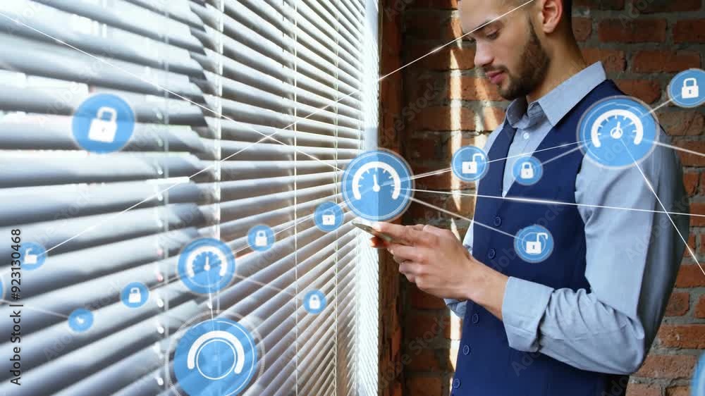 Poster security and data network animation over man using smartphone near window blinds