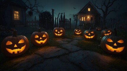 The eerie glow of Halloween lanterns lighting up a dark pathway, creating a haunted and mysterious atmosphere