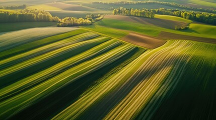 Obraz premium The picturesque fields of Moravia in spring, with contrasting biobelts and ribbons of color, highlighting the regionas rich agricultural heritage.