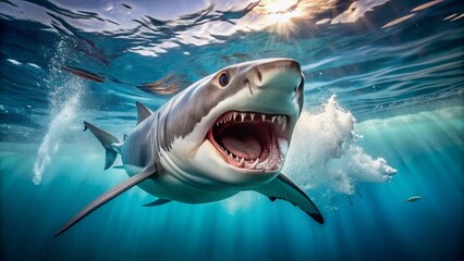 Obraz premium Fierce great white shark jaws open wide, revealing razor-sharp teeth, as it prepares to attack its unsuspecting prey in the crystal-clear ocean waters.