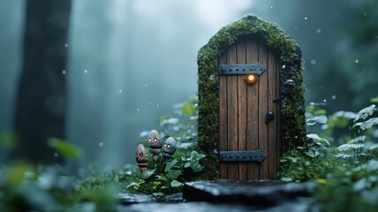 A witch's lair entrance with a crooked wooden door, covered in moss and guarded by enchanted totems and glowing eyes.