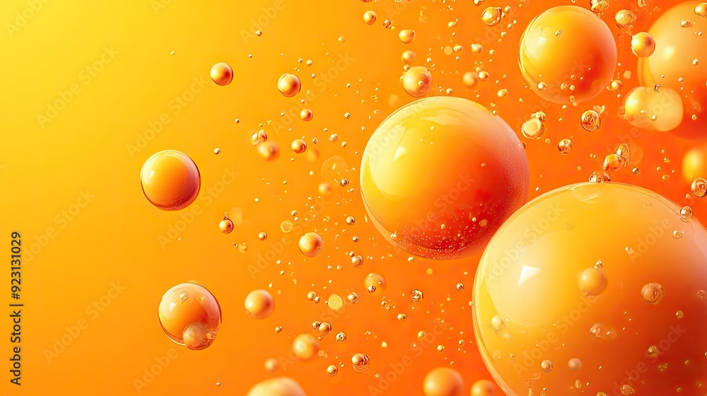 Poster vivid orange background with 3d spheres, textured with bubbles or letters. perfect for creating enga