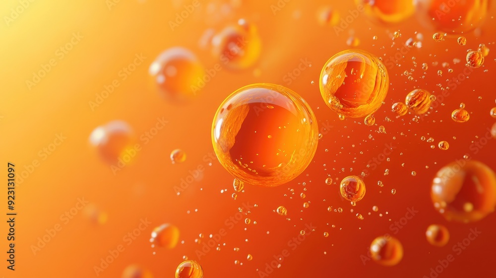 Poster vivid orange background with 3d spheres, textured with bubbles or letters. perfect for creating enga