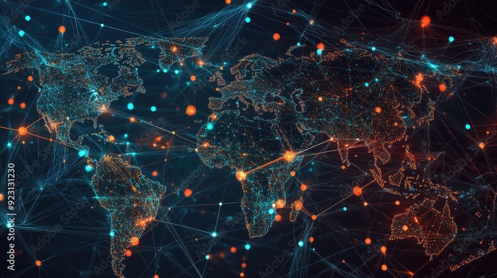 Poster world map with abstract global data connections and telecommunication network lines. vector illustra