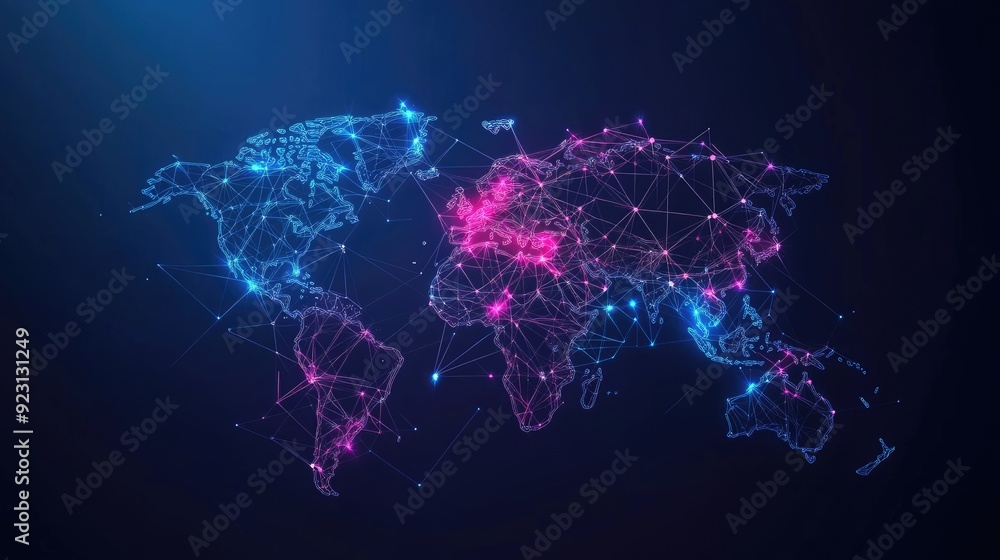 Poster world map with abstract global data connections and telecommunication network lines. vector illustra