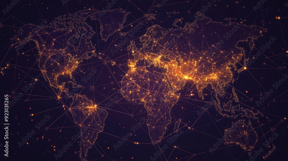 Poster world map with abstract global data connections and telecommunication network lines. vector illustra