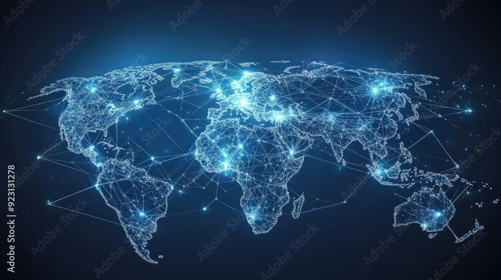 Poster world map with abstract global data connections and telecommunication network lines. vector illustra