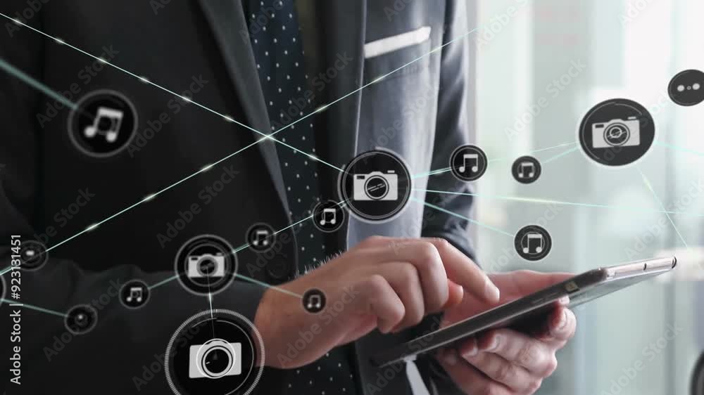Poster businessman using tablet with multimedia icons and network connections animation