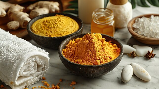 ayurvedic face pack mask using gram flour besan haldi ubtan placed in bowls scrub,white towel on marble table.