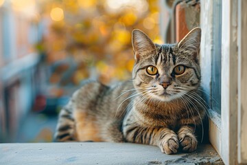 A stray feline perches on the ledge of an exterior window.