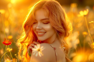 Fototapeta premium A woman with long red hair is smiling in a field of yellow flowers. The bright colors of the flowers and the sun shining on her create a cheerful and uplifting mood