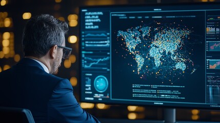 Businessman analyzing data on a large screen in a modern office. High-tech world map visualization with digital graphs.