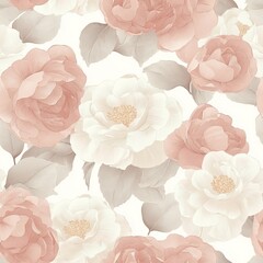 Seamless pattern of muted camellias in delicate pinks and ivories
