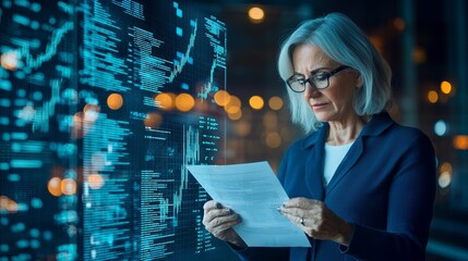 Businesswoman analyzing data with digital interface in background, showcasing modern technology and professional insight.