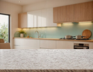 empty wooden table with blurred kitchen furniture as background