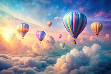 Fototapeta premium dreamy gradient light envelops whimsical hot air balloon ride in soft pastel hues with billowy clouds and endless blue skies