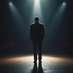 Silhouette of a man on stage illuminated by a spotlight.
