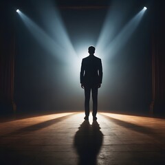 Silhouette of a man on stage illuminated by a spotlight.