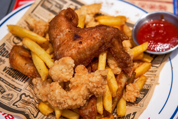 Fried food platter in Hong Kong tea restaurant, fried chicken wings and chicken nuggets