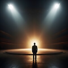 Silhouette of a man on stage illuminated by a spotlight.