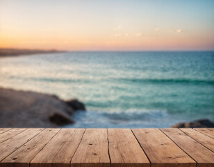 Fototapeta premium Empty wooden table with blurred beach with coconut trees in the background