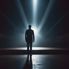 Silhouette of a man on stage illuminated by a spotlight.