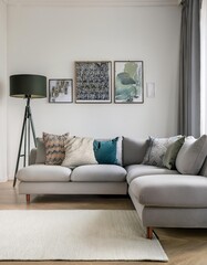 Bright living room interior with a grey corner couch