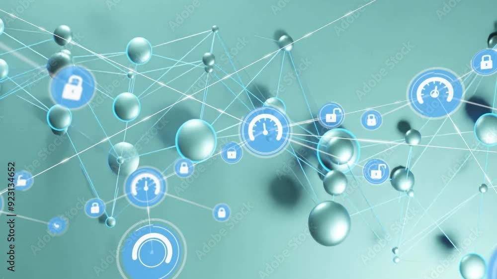 Poster animating network connections and security icons over abstract background