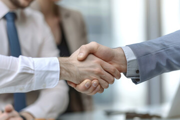Two business professionals shake hands firmly in a meeting setting, confirming an agreement for partnership.