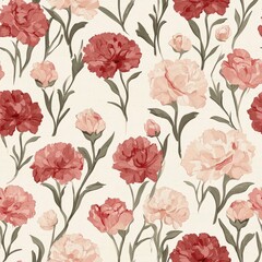 Seamless pattern of muted carnations with faded reds and pinks