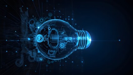 Abstract light bulb with gears inside. Innovation, creativity, business technology idea concept in dark blue. 