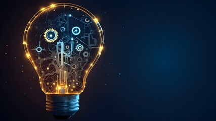 Abstract light bulb with gears inside. Innovation, creativity, business technology idea concept in dark blue. 