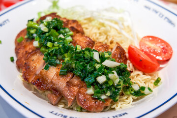 Delicious fried chicken chop and scallion oil noodles in Hong Kong tea restaurant