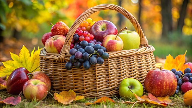 Freshly harvested seasonal fruits and vegetables, including juicy apples and plump grapes, arranged in a woven basket, symbolizing abundance and gratitude.