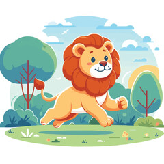 a cute baby lion running happily in park