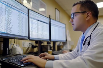 Doctor reviewing patient charts on a hospital computer system, digital healthcare, efficiency