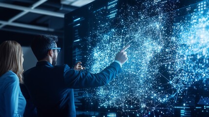 Business professionals analyzing data on a futuristic digital screen, showcasing advanced technology and collaborative innovation.