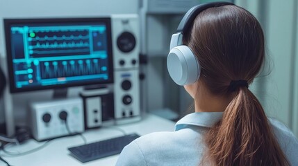 Doctor using an audiometer to conduct a hearing test, auditory health