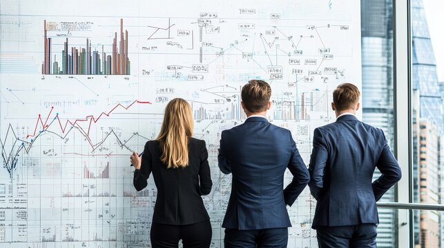 Business professionals analyzing data on a wall display, engaged in strategic planning and growth discussions.