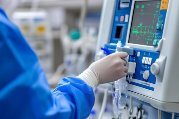 Medical technician operating an infusion pump, precise treatment delivery