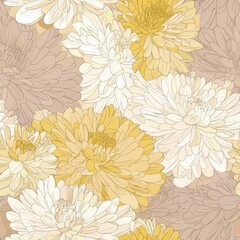 Seamless pattern of muted chrysanthemums with subtle yellows and creams