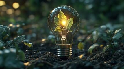 A light bulb amidst green foliage, symbolizing sustainable development and responsible environmental practices.