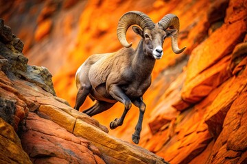 Dynamic Mountain Ascent: Rugged terrain, determined ram climbing, powerful, energetic, orange and black