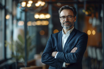 Fototapeta premium Confident middle-aged businessman with glasses stands with arms crossed in a modern office.