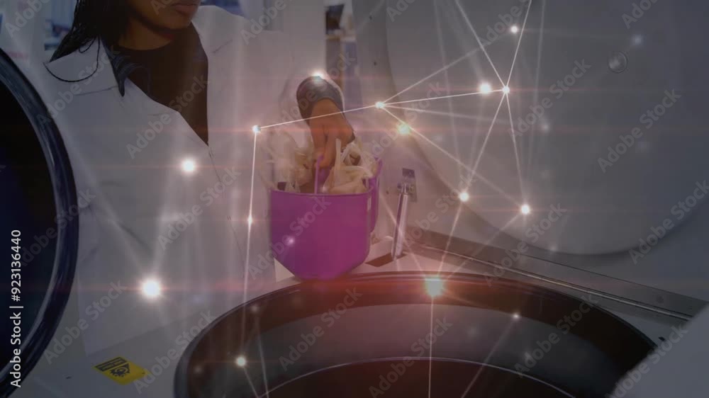 Poster placing samples in centrifuge, scientist with data network animation in laboratory